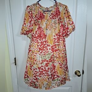 Umgee Metallic Abstract Print Puff Sleeve Mini Dress Womens Sz Medium